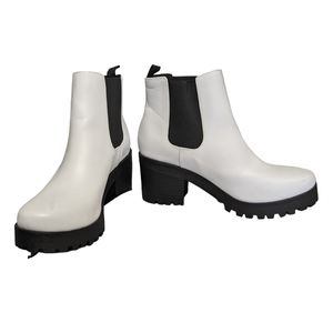 SODA Platform Ankle Boots, faux leather White w/Black stretch & lug sole…